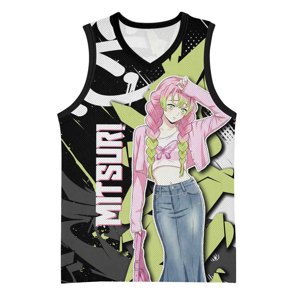 Mitsuri Kanroji Demon Slayer Basketball Jersey Green & Black Graffiti Anime