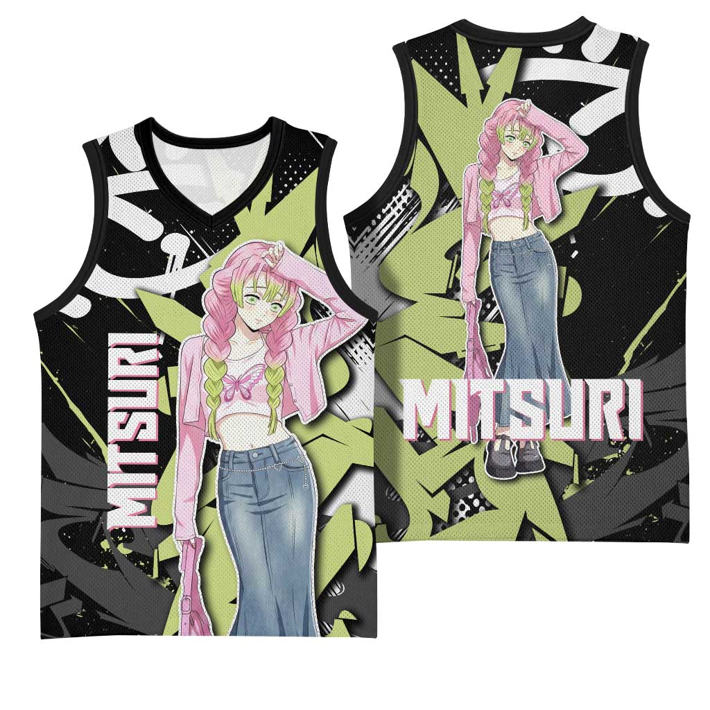 Mitsuri Kanroji Demon Slayer Basketball Jersey Green & Black Graffiti Anime