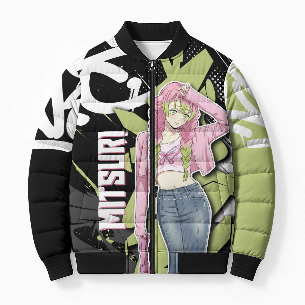 Mitsuri Kanroji Demon Slayer Bomber Puffer Jacket Green & Black Graffiti Anime