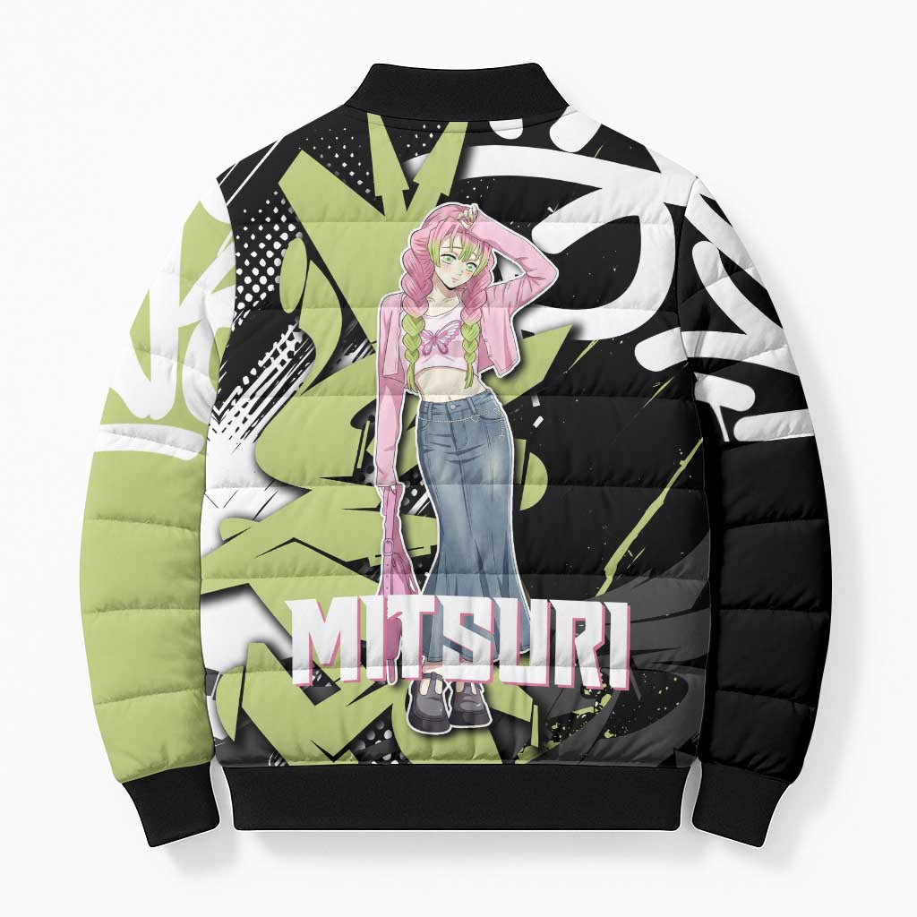 Mitsuri Kanroji Demon Slayer Bomber Puffer Jacket Green & Black Graffiti Anime