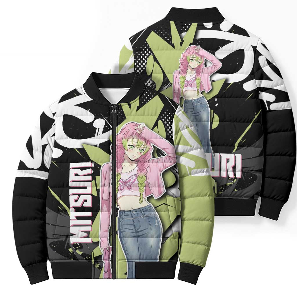 Mitsuri Kanroji Demon Slayer Bomber Puffer Jacket Green & Black Graffiti Anime