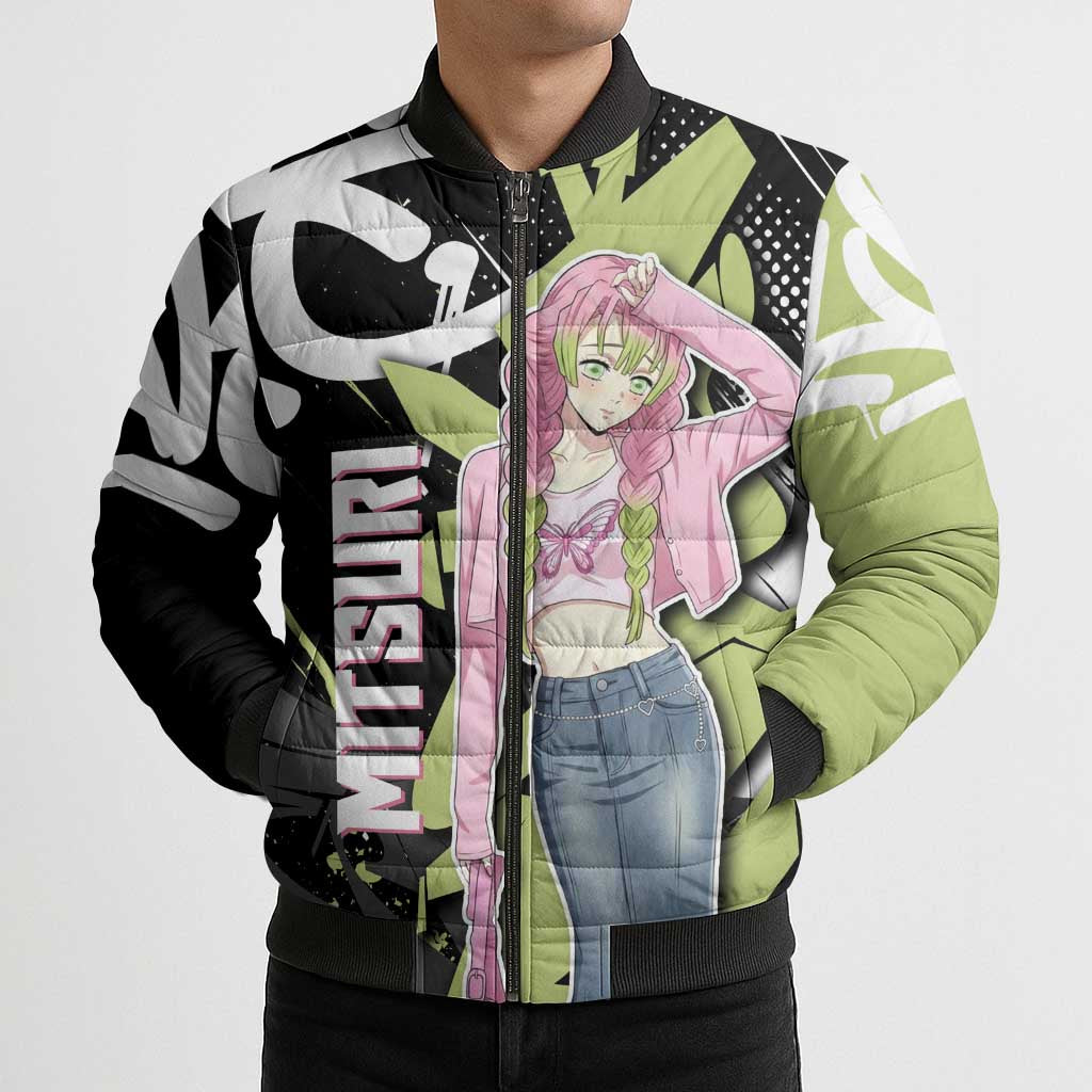 Mitsuri Kanroji Demon Slayer Bomber Puffer Jacket Green & Black Graffiti Anime