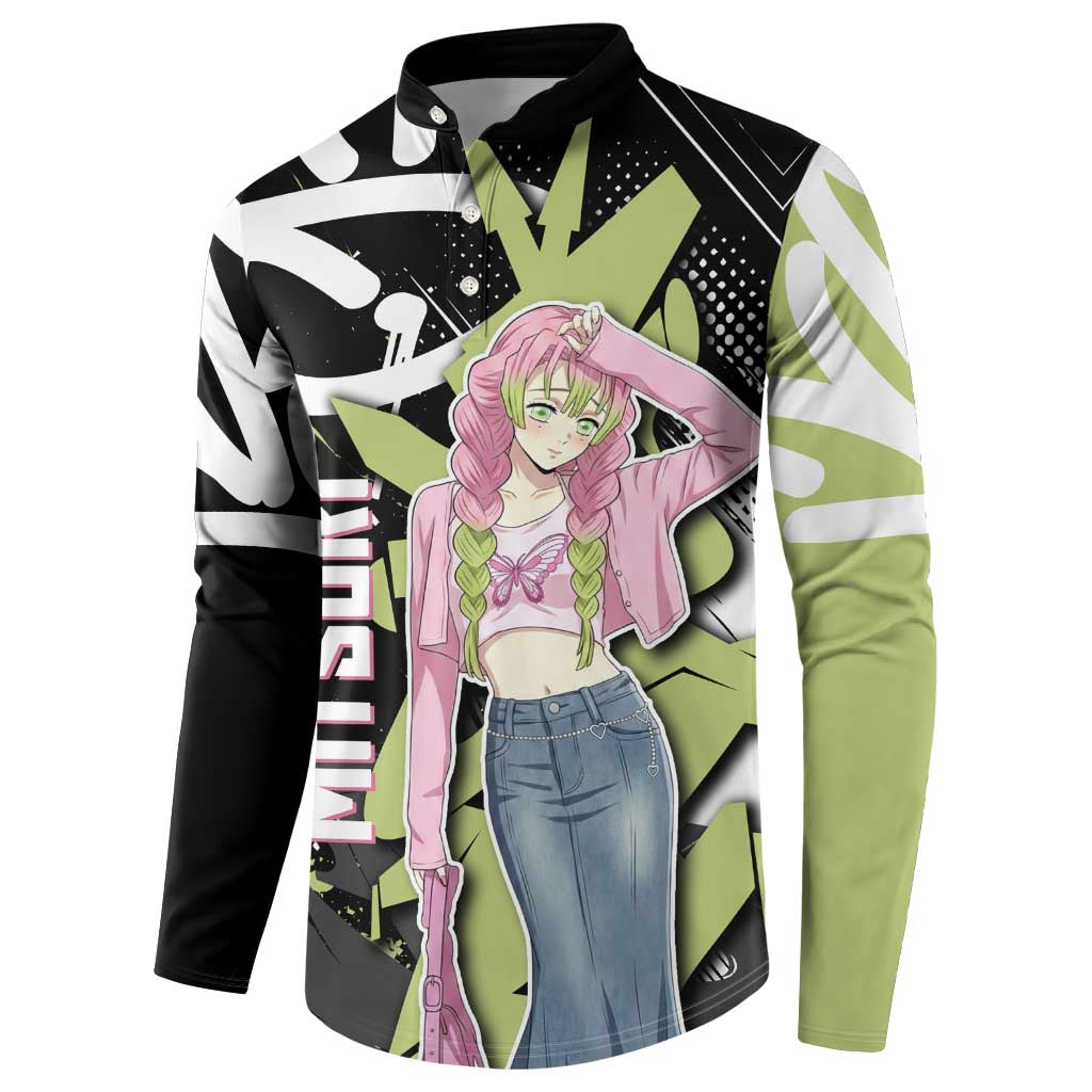 Mitsuri Kanroji Demon Slayer Button Sweatshirt Green & Black Graffiti Anime
