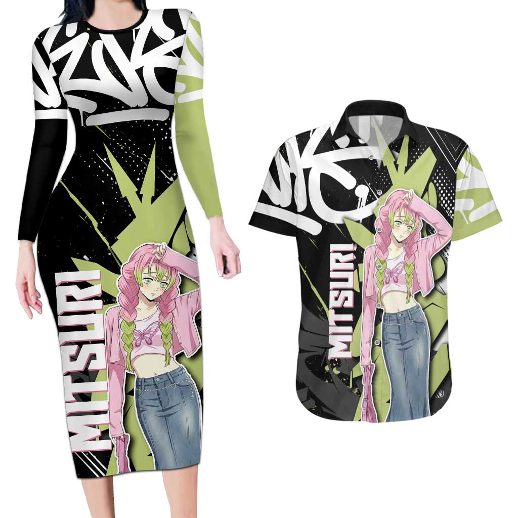 Mitsuri Kanroji Demon Slayer Couples Matching Long Sleeve Bodycon Dress and Hawaiian Shirt Green & Black Graffiti Anime
