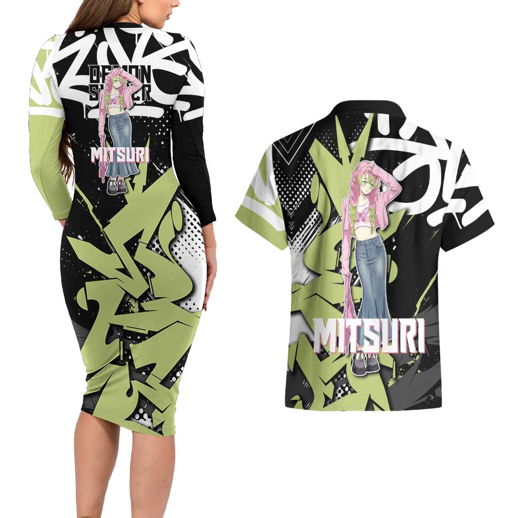 Mitsuri Kanroji Demon Slayer Couples Matching Long Sleeve Bodycon Dress and Hawaiian Shirt Green & Black Graffiti Anime