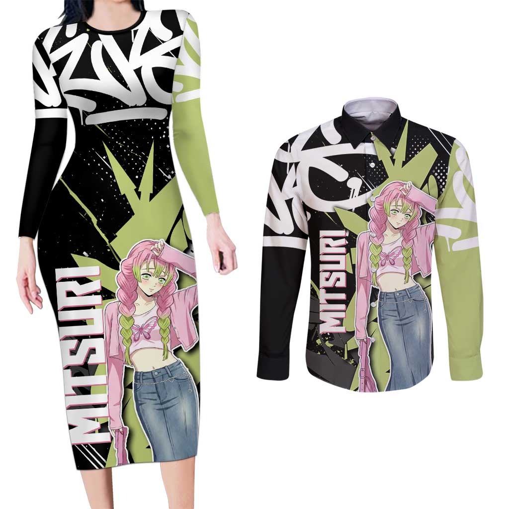 Mitsuri Kanroji Demon Slayer Couples Matching Long Sleeve Bodycon Dress and Long Sleeve Button Shirt Green & Black Graffiti Anime