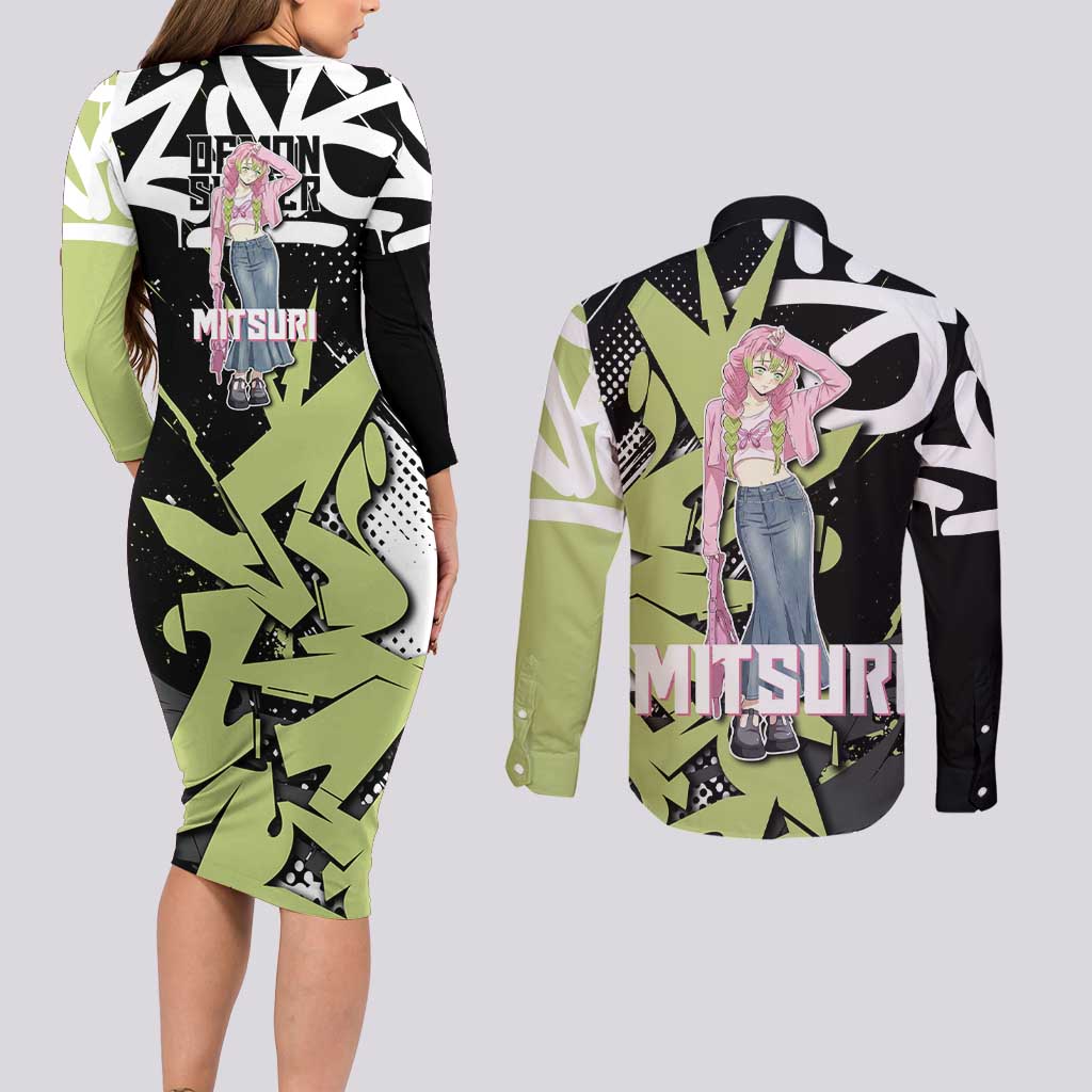 Mitsuri Kanroji Demon Slayer Couples Matching Long Sleeve Bodycon Dress and Long Sleeve Button Shirt Green & Black Graffiti Anime