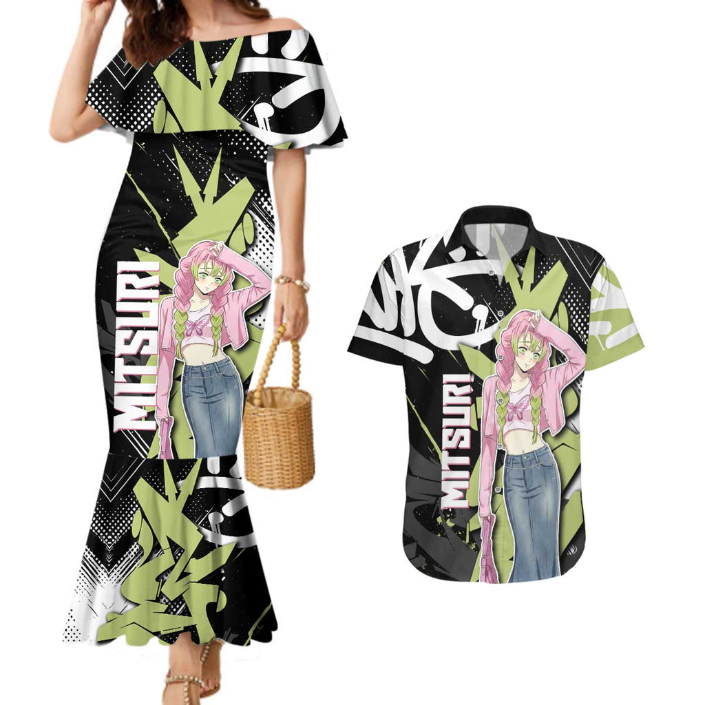 Mitsuri Kanroji Demon Slayer Couples Matching Mermaid Dress and Hawaiian Shirt Green & Black Graffiti Anime