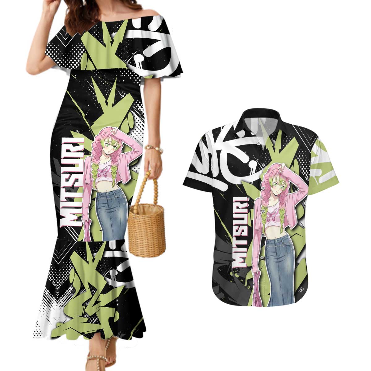 Mitsuri Kanroji Demon Slayer Couples Matching Mermaid Dress and Hawaiian Shirt Green & Black Graffiti Anime