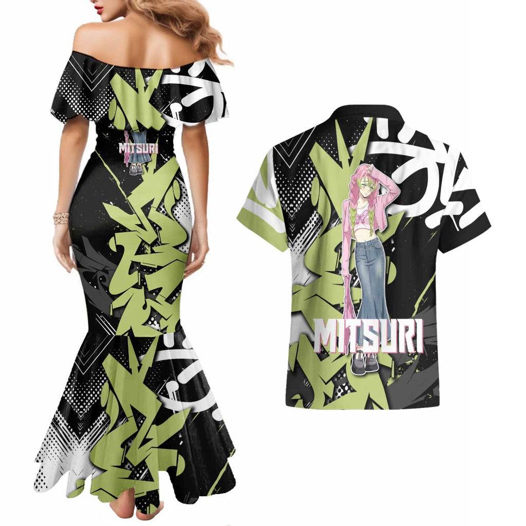 Mitsuri Kanroji Demon Slayer Couples Matching Mermaid Dress and Hawaiian Shirt Green & Black Graffiti Anime