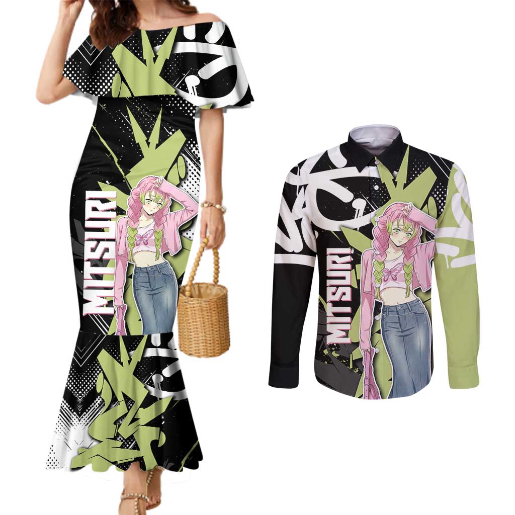 Mitsuri Kanroji Demon Slayer Couples Matching Mermaid Dress and Long Sleeve Button Shirt Green & Black Graffiti Anime