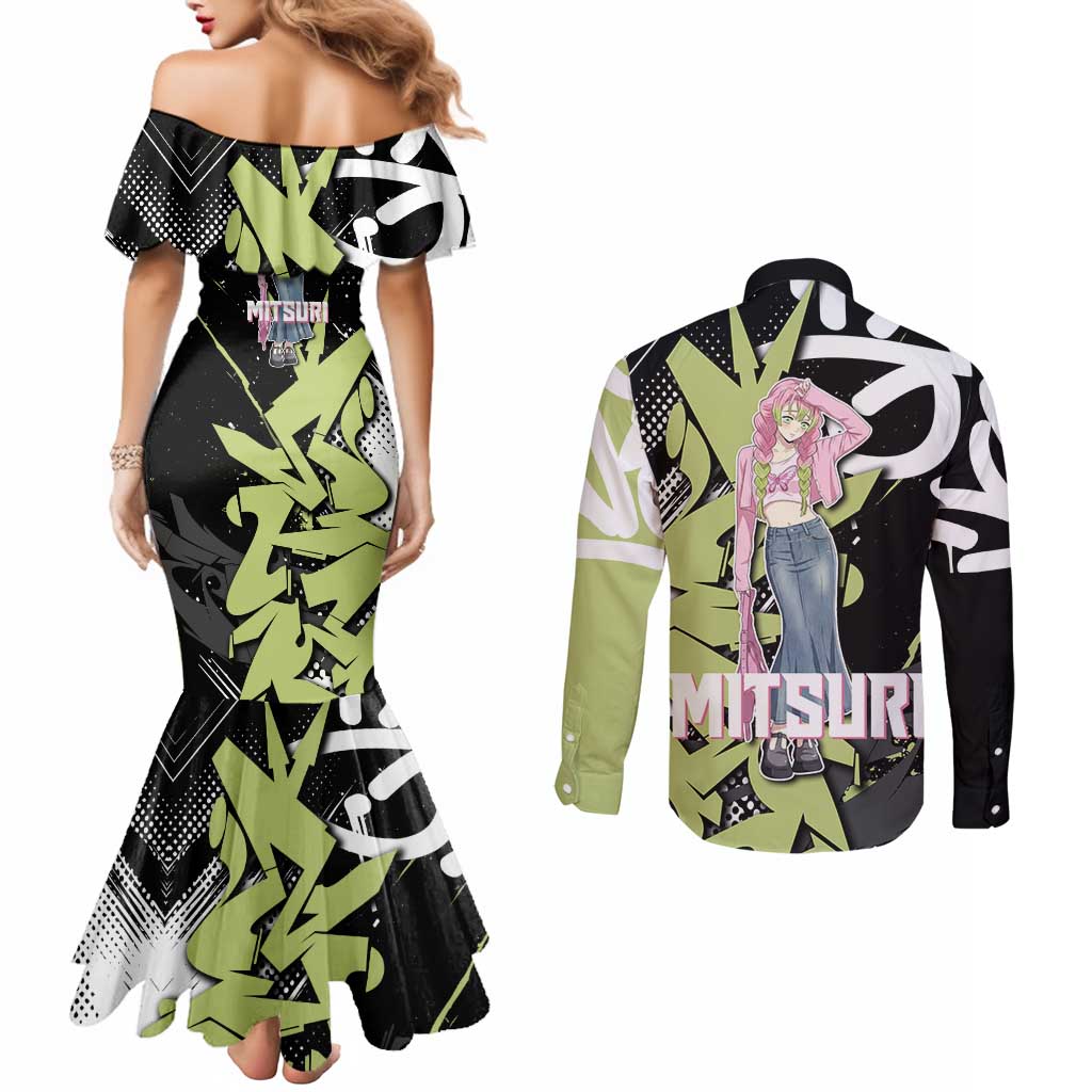 Mitsuri Kanroji Demon Slayer Couples Matching Mermaid Dress and Long Sleeve Button Shirt Green & Black Graffiti Anime