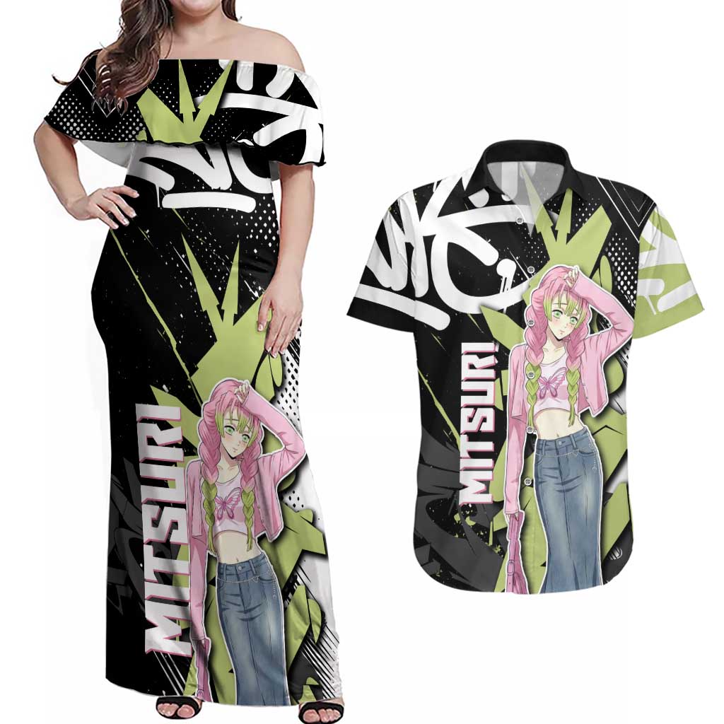 Mitsuri Kanroji Demon Slayer Couples Matching Off Shoulder Maxi Dress and Hawaiian Shirt Green & Black Graffiti Anime