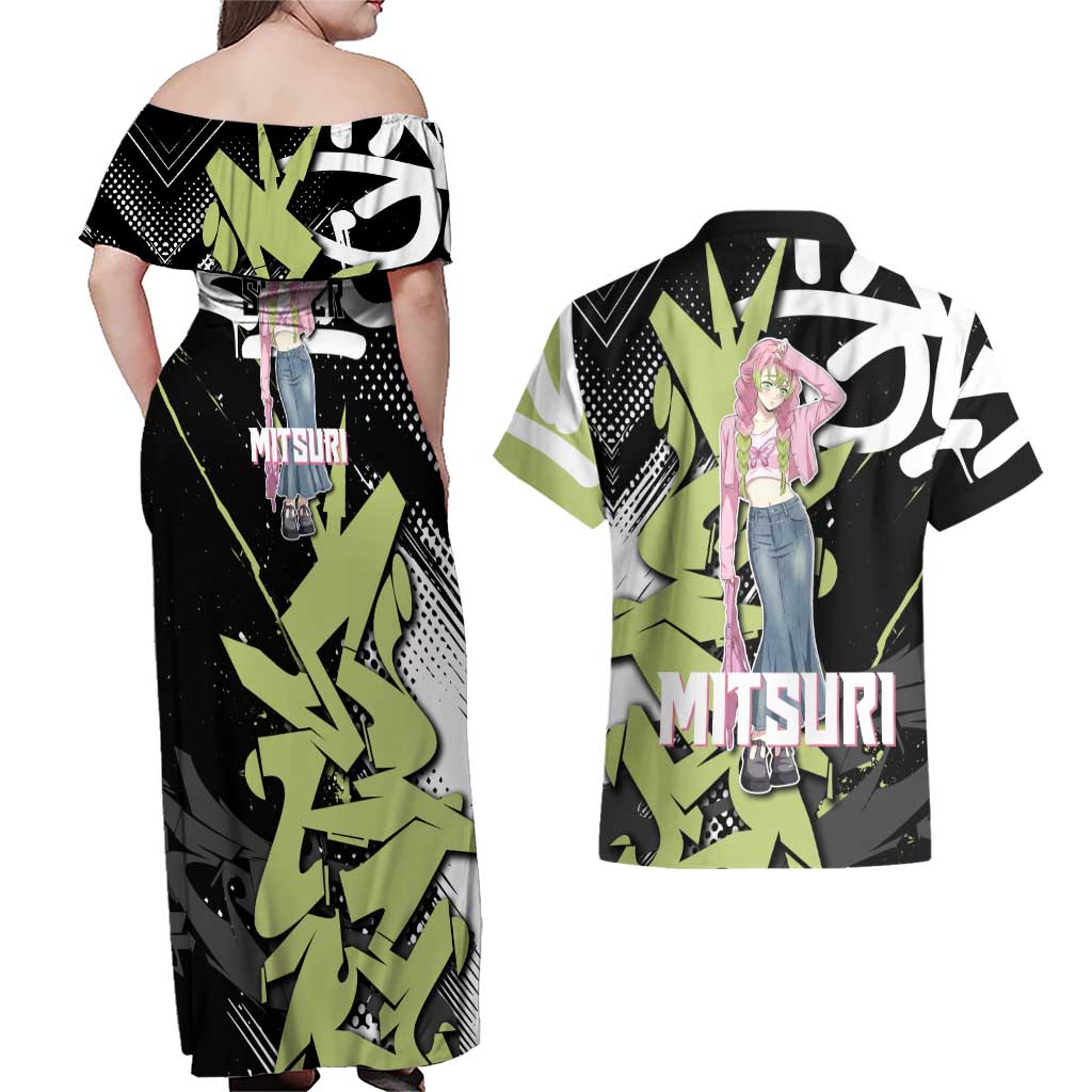 Mitsuri Kanroji Demon Slayer Couples Matching Off Shoulder Maxi Dress and Hawaiian Shirt Green & Black Graffiti Anime