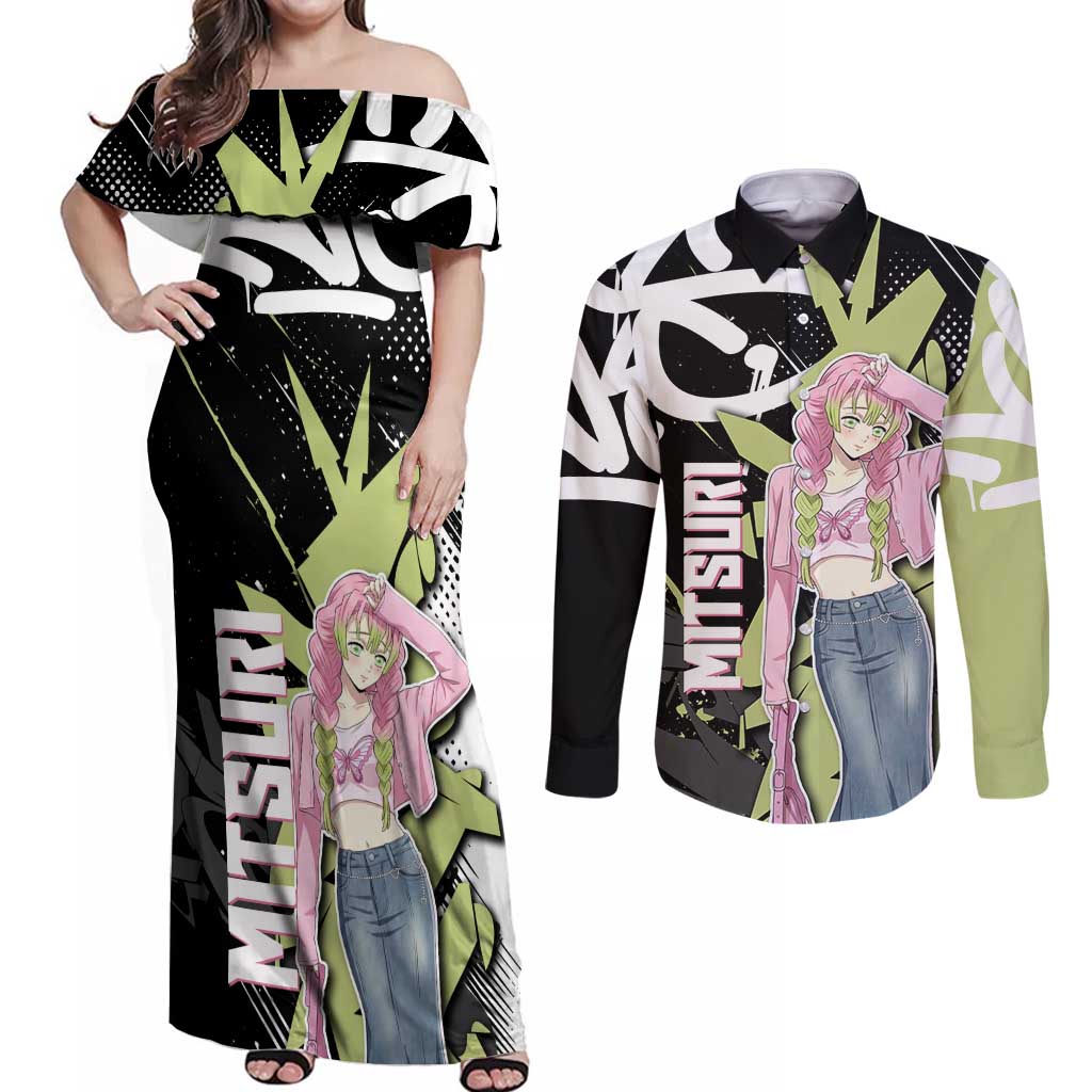 Mitsuri Kanroji Demon Slayer Couples Matching Off Shoulder Maxi Dress and Long Sleeve Button Shirt Green & Black Graffiti Anime