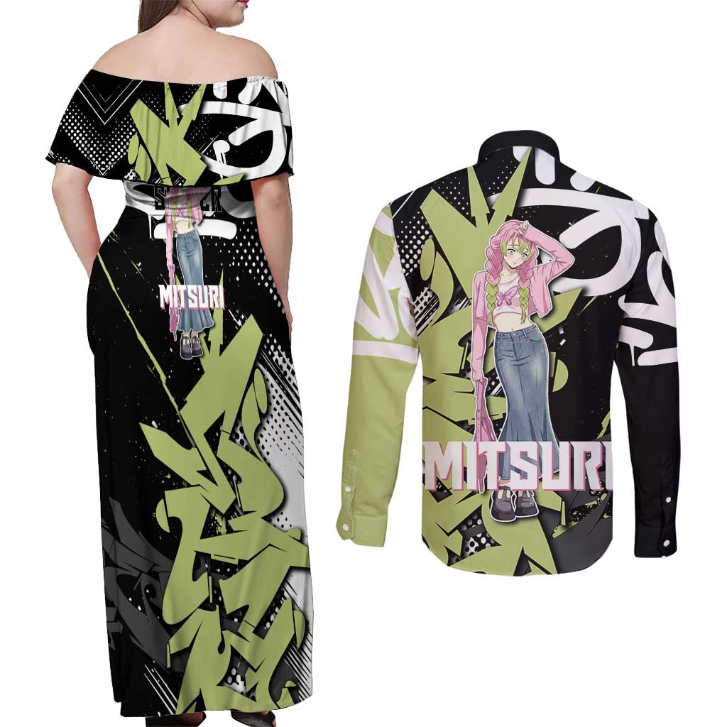 Mitsuri Kanroji Demon Slayer Couples Matching Off Shoulder Maxi Dress and Long Sleeve Button Shirt Green & Black Graffiti Anime