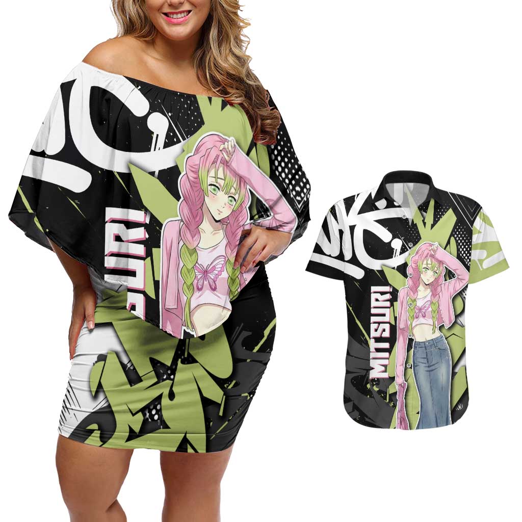 Mitsuri Kanroji Demon Slayer Couples Matching Off Shoulder Short Dress and Hawaiian Shirt Green & Black Graffiti Anime