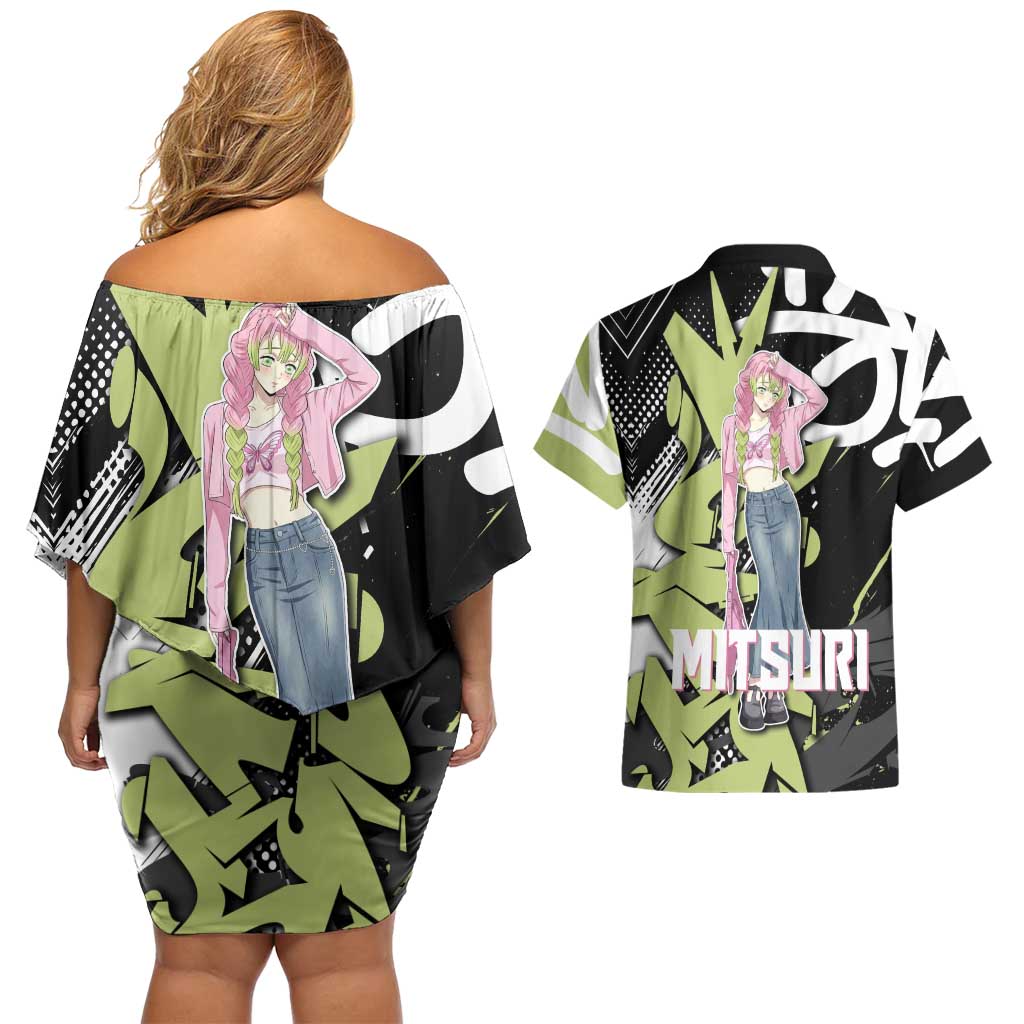 Mitsuri Kanroji Demon Slayer Couples Matching Off Shoulder Short Dress and Hawaiian Shirt Green & Black Graffiti Anime