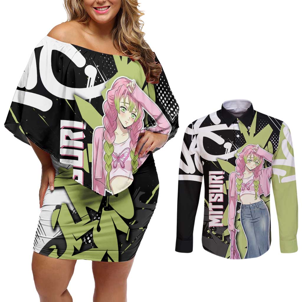 Mitsuri Kanroji Demon Slayer Couples Matching Off Shoulder Short Dress and Long Sleeve Button Shirt Green & Black Graffiti Anime