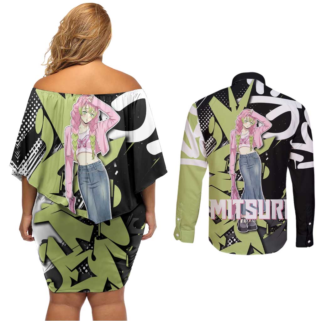 Mitsuri Kanroji Demon Slayer Couples Matching Off Shoulder Short Dress and Long Sleeve Button Shirt Green & Black Graffiti Anime