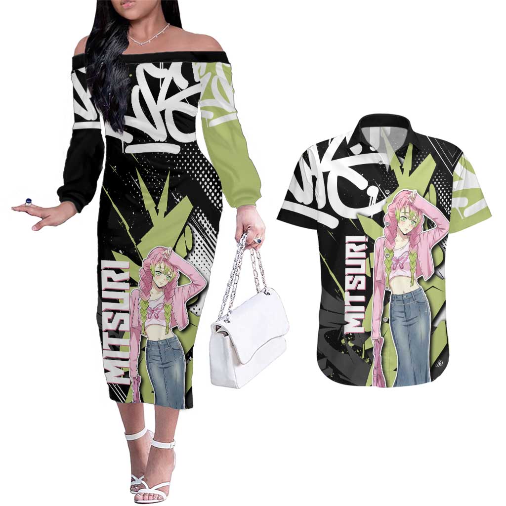 Mitsuri Kanroji Demon Slayer Couples Matching Off The Shoulder Long Sleeve Dress and Hawaiian Shirt Green & Black Graffiti Anime