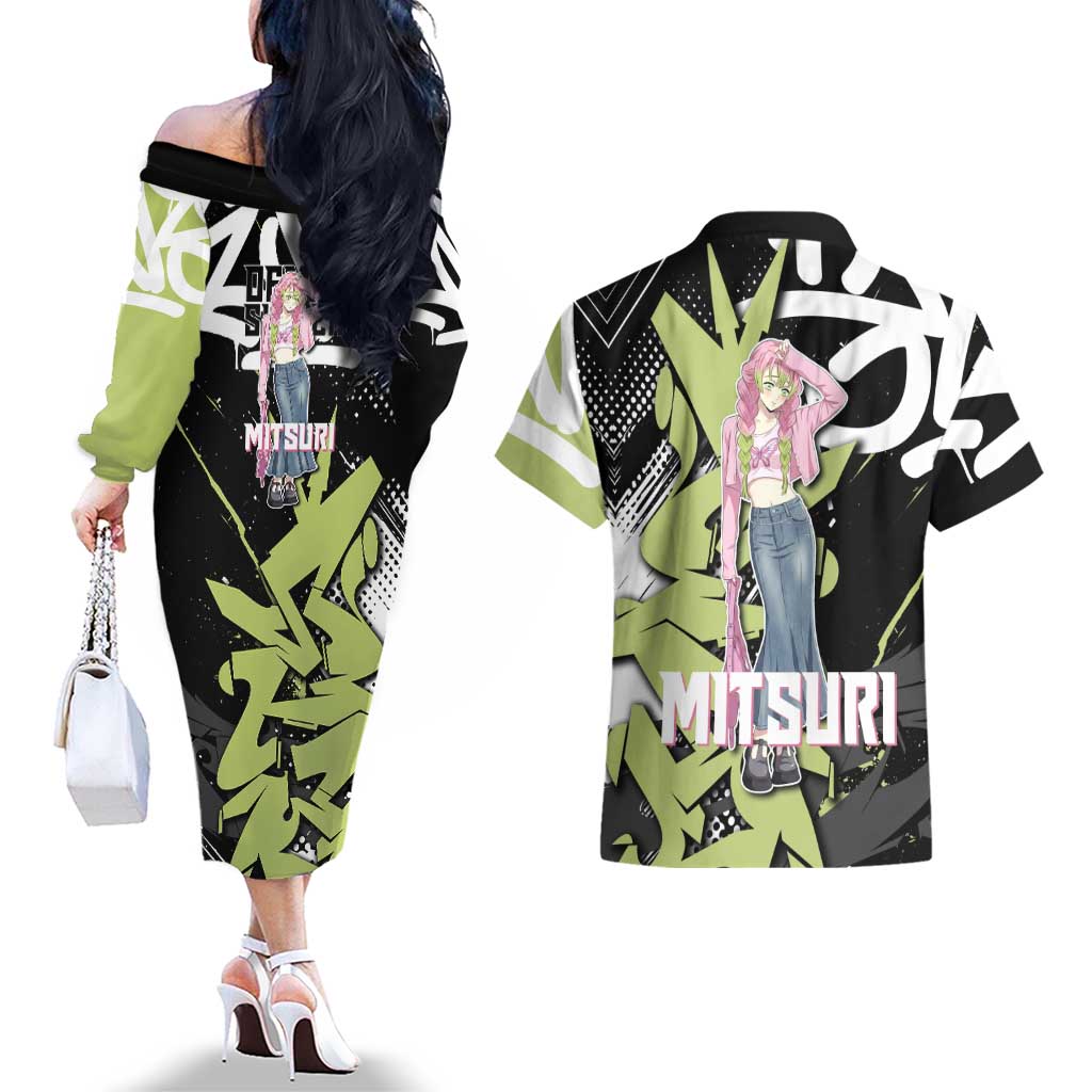 Mitsuri Kanroji Demon Slayer Couples Matching Off The Shoulder Long Sleeve Dress and Hawaiian Shirt Green & Black Graffiti Anime