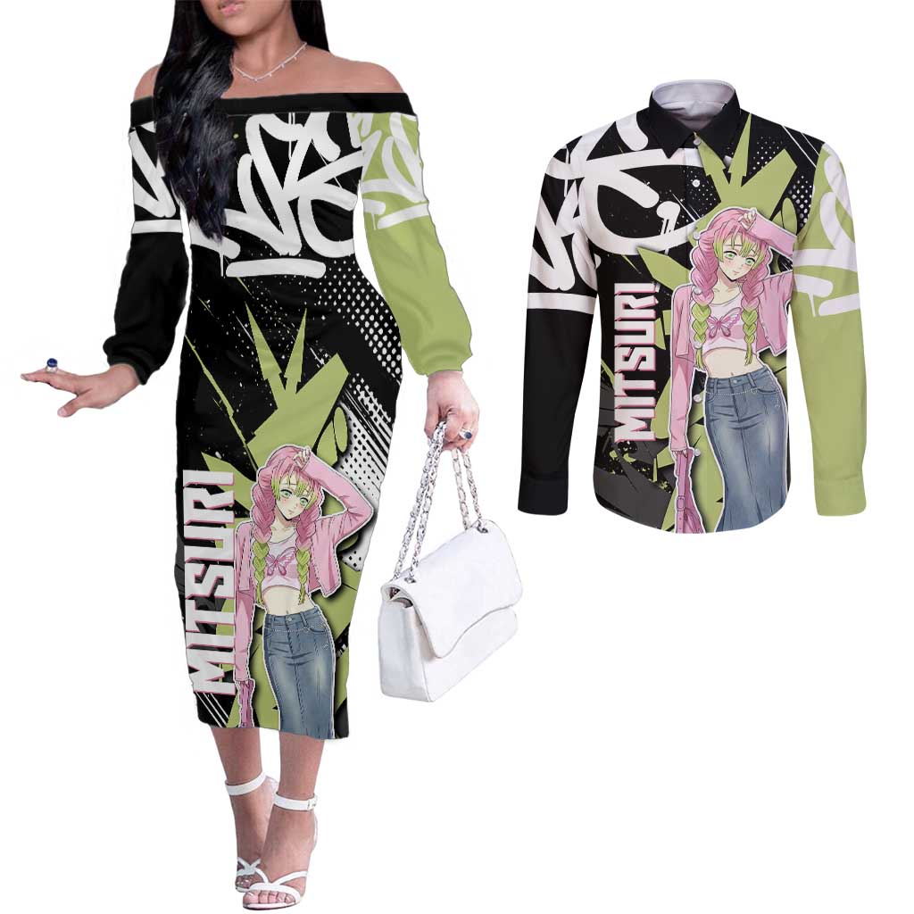 Mitsuri Kanroji Demon Slayer Couples Matching Off The Shoulder Long Sleeve Dress and Long Sleeve Button Shirt Green & Black Graffiti Anime