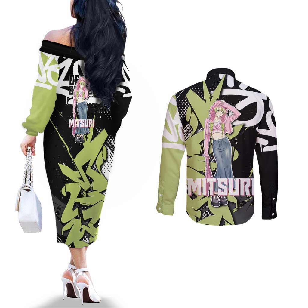 Mitsuri Kanroji Demon Slayer Couples Matching Off The Shoulder Long Sleeve Dress and Long Sleeve Button Shirt Green & Black Graffiti Anime