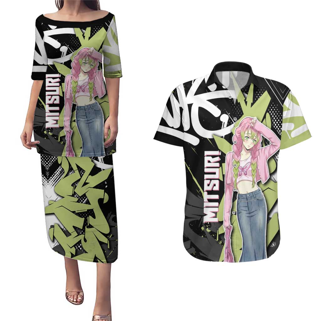 Mitsuri Kanroji Demon Slayer Couples Matching Puletasi and Hawaiian Shirt Green & Black Graffiti Anime