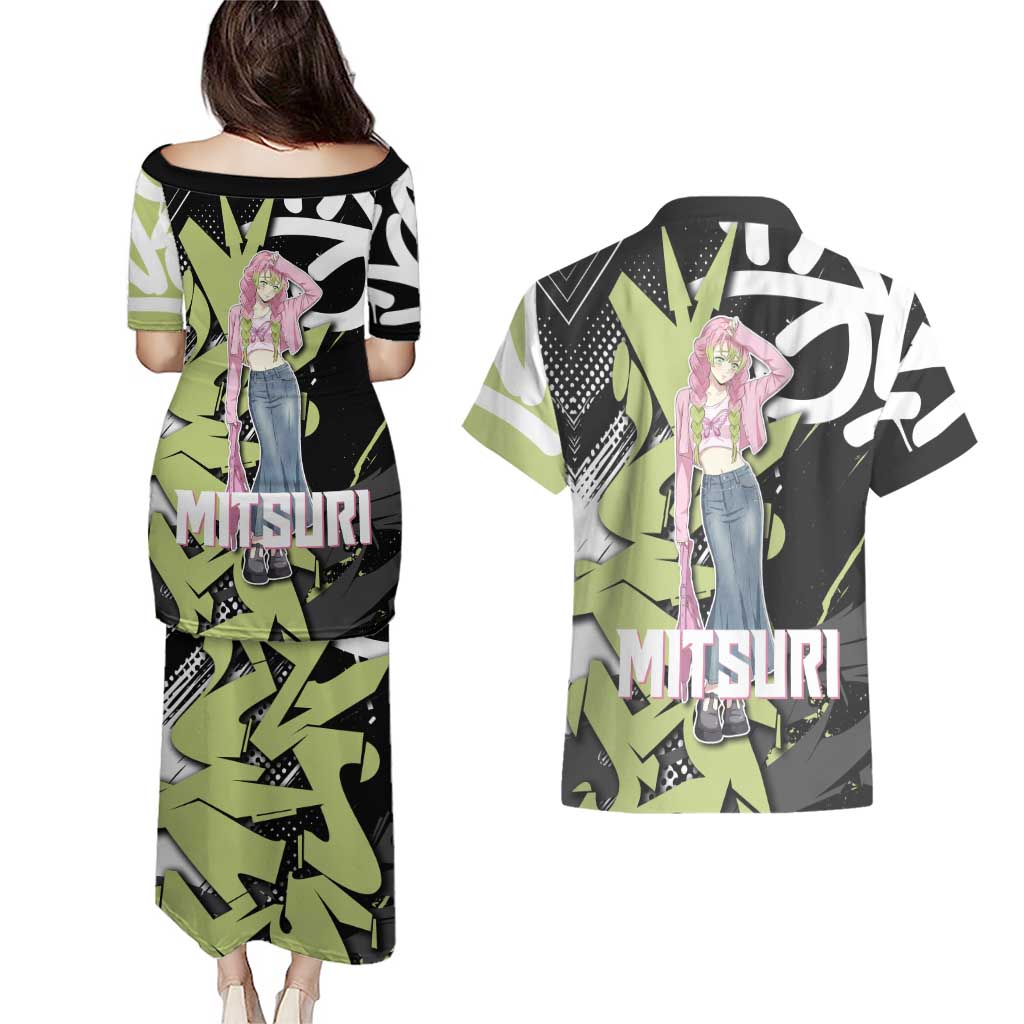 Mitsuri Kanroji Demon Slayer Couples Matching Puletasi and Hawaiian Shirt Green & Black Graffiti Anime
