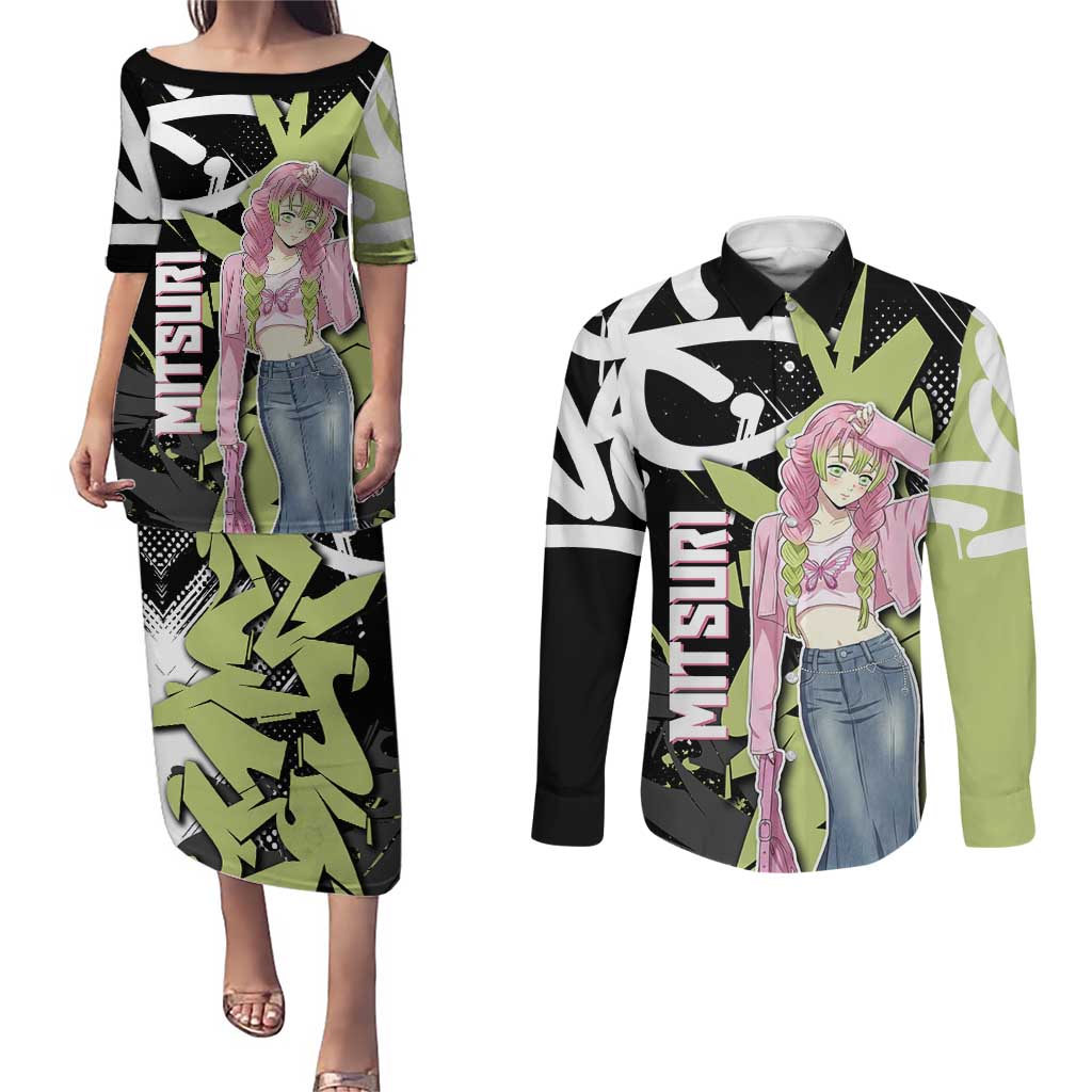 Mitsuri Kanroji Demon Slayer Couples Matching Puletasi and Long Sleeve Button Shirt Green & Black Graffiti Anime