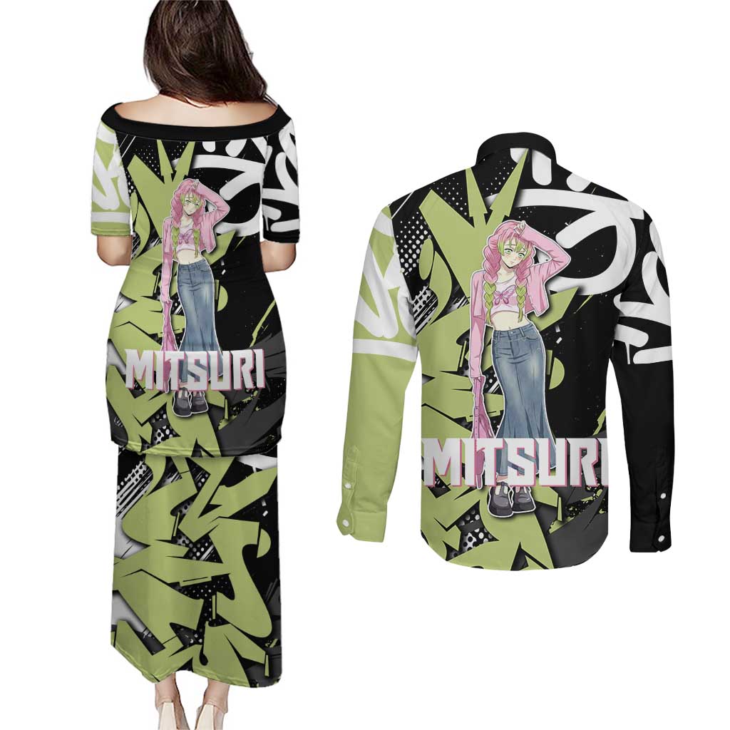 Mitsuri Kanroji Demon Slayer Couples Matching Puletasi and Long Sleeve Button Shirt Green & Black Graffiti Anime