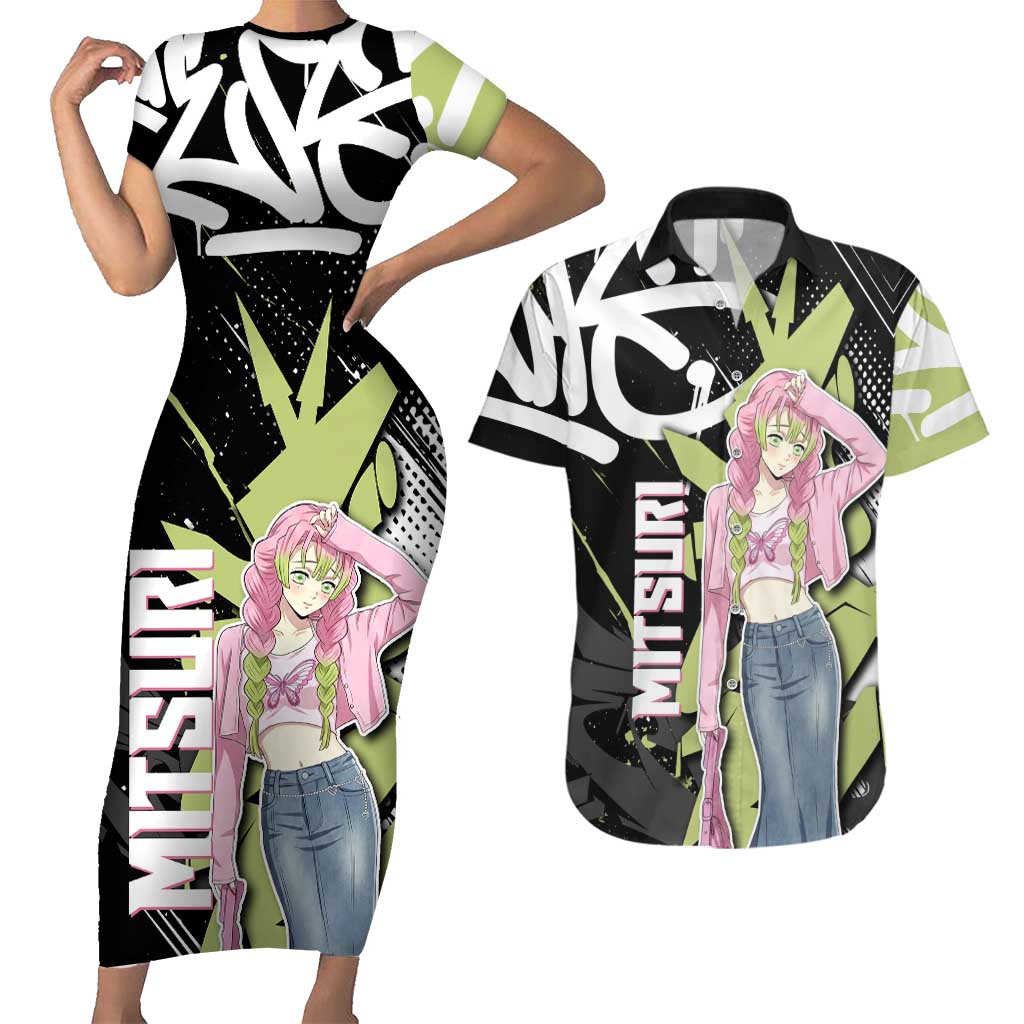 Mitsuri Kanroji Demon Slayer Couples Matching Short Sleeve Bodycon Dress and Hawaiian Shirt Green & Black Graffiti Anime