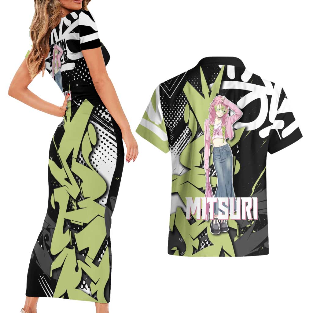 Mitsuri Kanroji Demon Slayer Couples Matching Short Sleeve Bodycon Dress and Hawaiian Shirt Green & Black Graffiti Anime