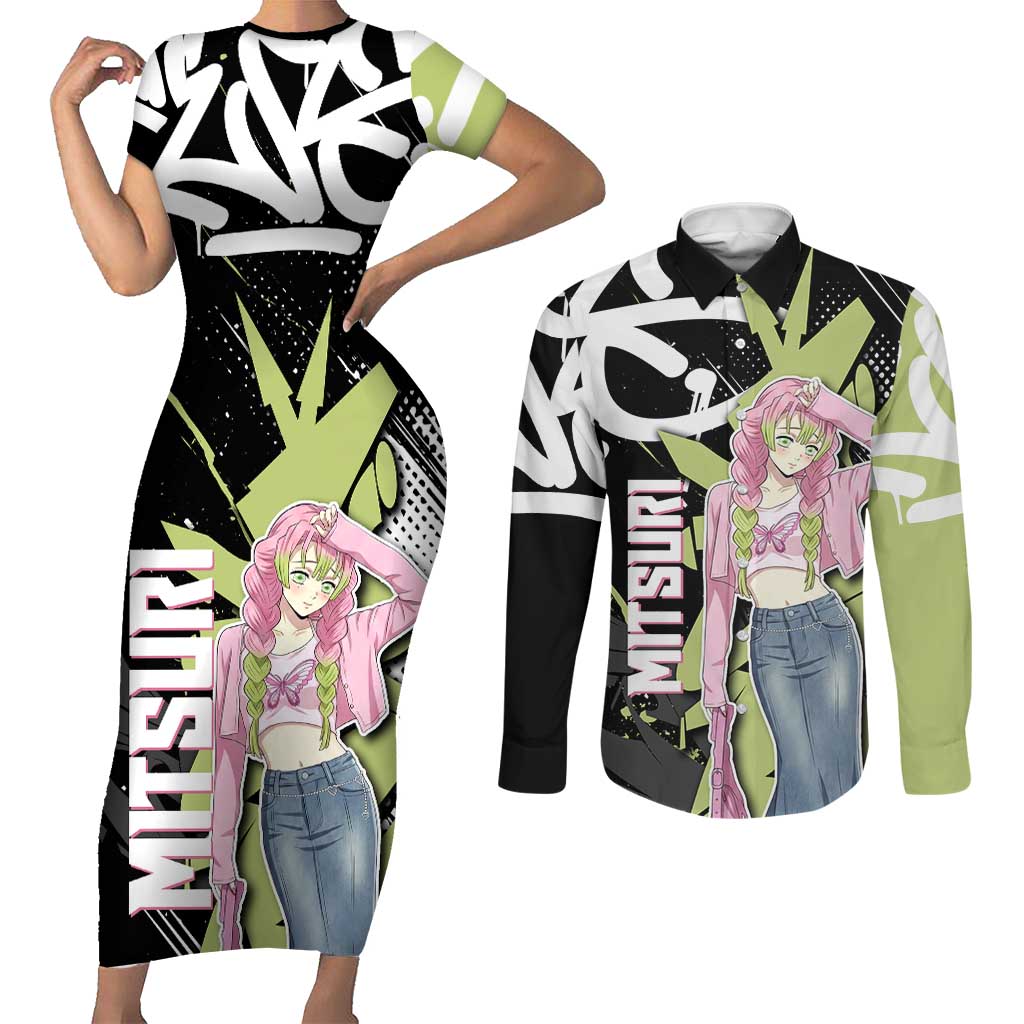Mitsuri Kanroji Demon Slayer Couples Matching Short Sleeve Bodycon Dress and Long Sleeve Button Shirt Green & Black Graffiti Anime