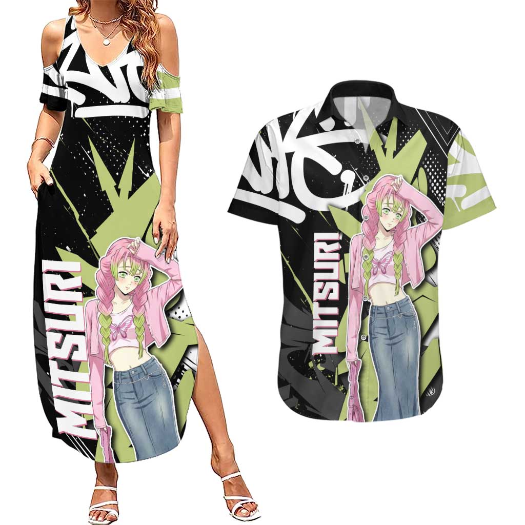 Mitsuri Kanroji Demon Slayer Couples Matching Summer Maxi Dress and Hawaiian Shirt Green & Black Graffiti Anime