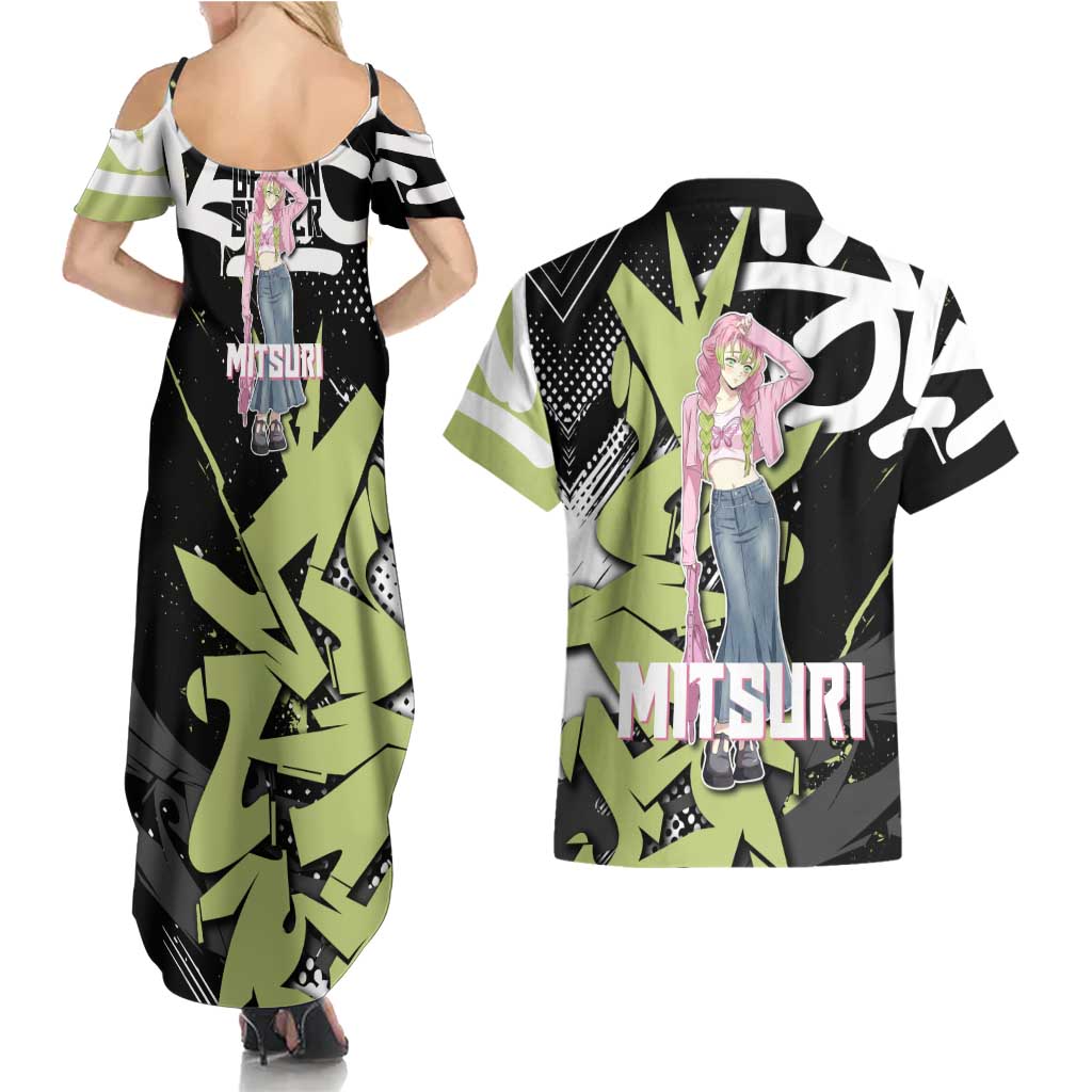 Mitsuri Kanroji Demon Slayer Couples Matching Summer Maxi Dress and Hawaiian Shirt Green & Black Graffiti Anime