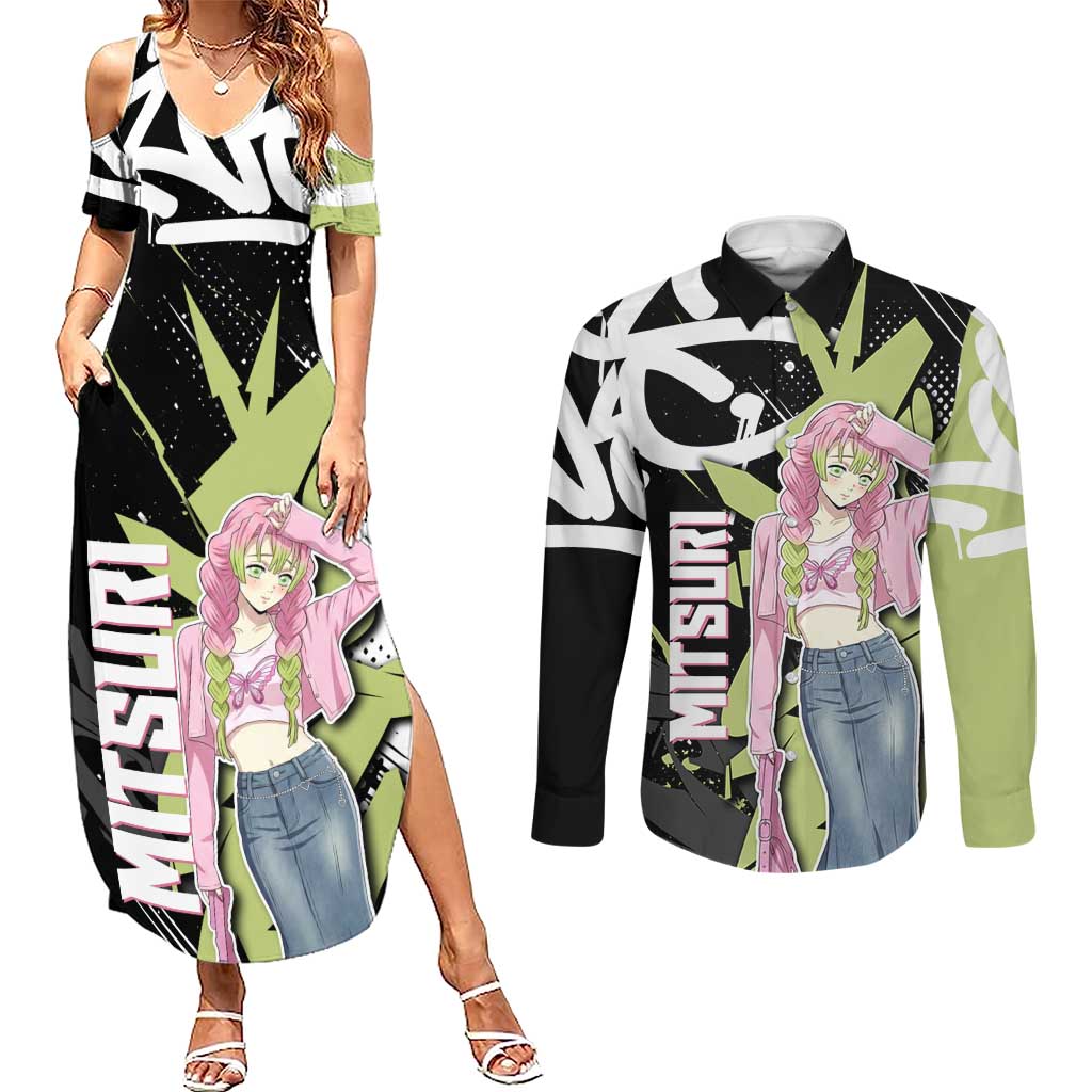 Mitsuri Kanroji Demon Slayer Couples Matching Summer Maxi Dress and Long Sleeve Button Shirt Green & Black Graffiti Anime