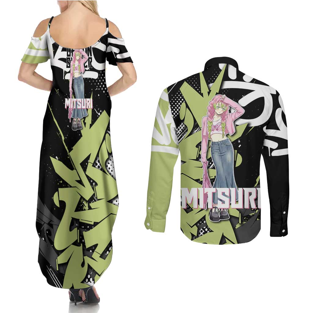 Mitsuri Kanroji Demon Slayer Couples Matching Summer Maxi Dress and Long Sleeve Button Shirt Green & Black Graffiti Anime