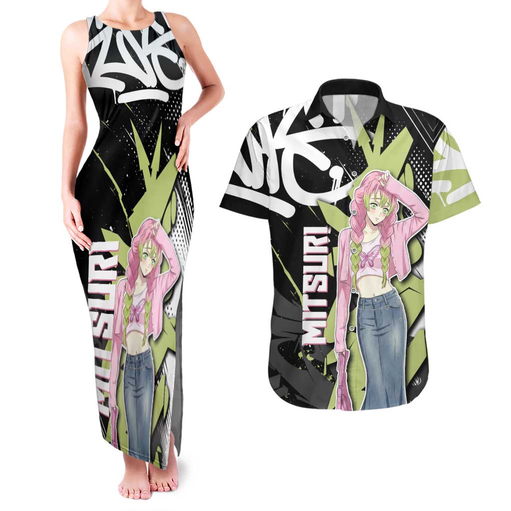Mitsuri Kanroji Demon Slayer Couples Matching Tank Maxi Dress and Hawaiian Shirt Green & Black Graffiti Anime