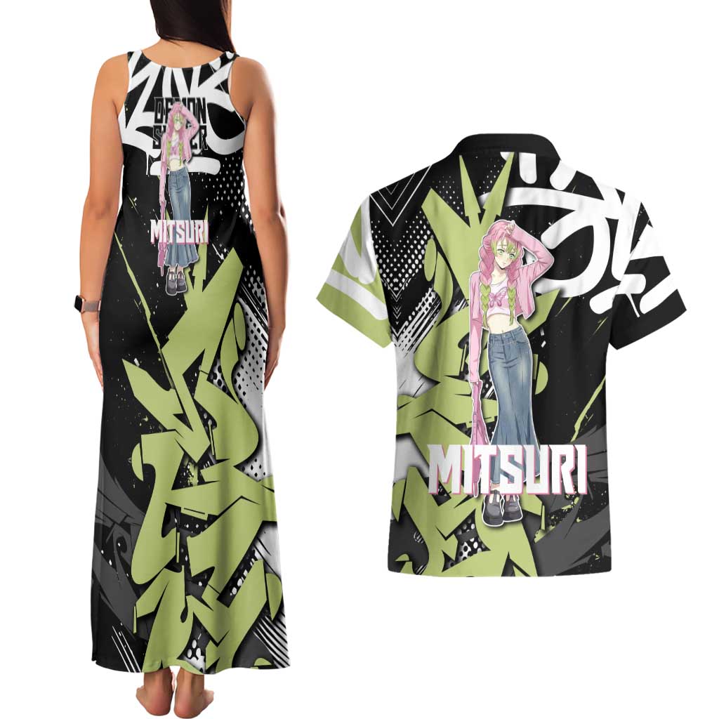 Mitsuri Kanroji Demon Slayer Couples Matching Tank Maxi Dress and Hawaiian Shirt Green & Black Graffiti Anime