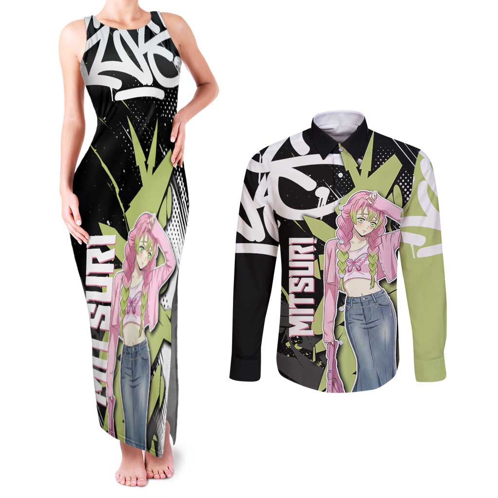 Mitsuri Kanroji Demon Slayer Couples Matching Tank Maxi Dress and Long Sleeve Button Shirt Green & Black Graffiti Anime