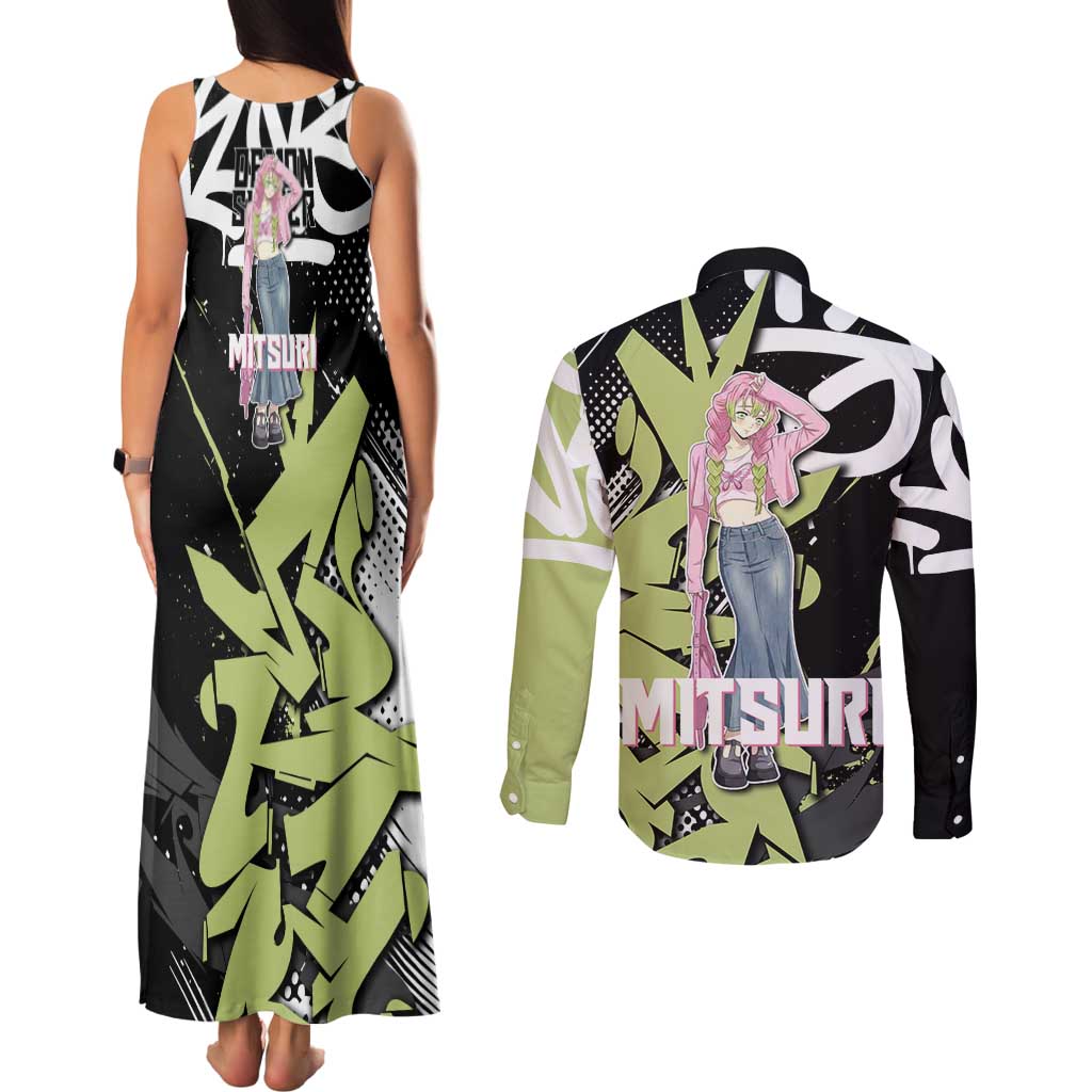 Mitsuri Kanroji Demon Slayer Couples Matching Tank Maxi Dress and Long Sleeve Button Shirt Green & Black Graffiti Anime