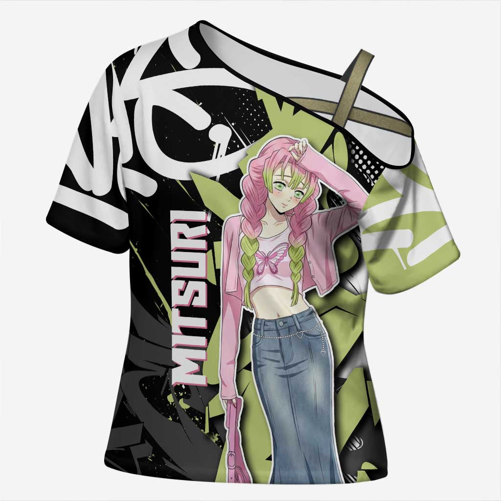 Mitsuri Kanroji Demon Slayer Cross Shoulder Shirt Green & Black Graffiti Anime