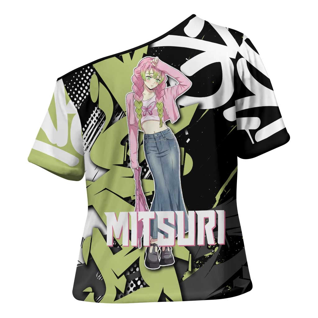 Mitsuri Kanroji Demon Slayer Cross Shoulder Shirt Green & Black Graffiti Anime