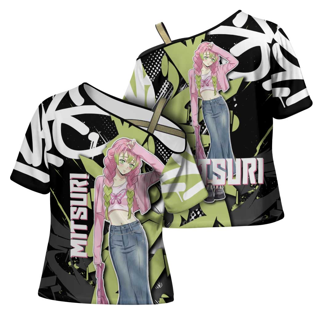Mitsuri Kanroji Demon Slayer Cross Shoulder Shirt Green & Black Graffiti Anime