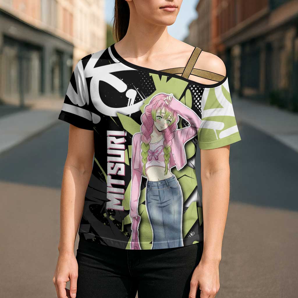 Mitsuri Kanroji Demon Slayer Cross Shoulder Shirt Green & Black Graffiti Anime