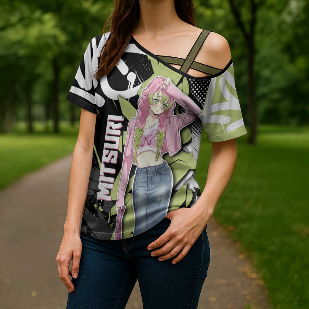 Mitsuri Kanroji Demon Slayer Cross Shoulder Shirt Green & Black Graffiti Anime