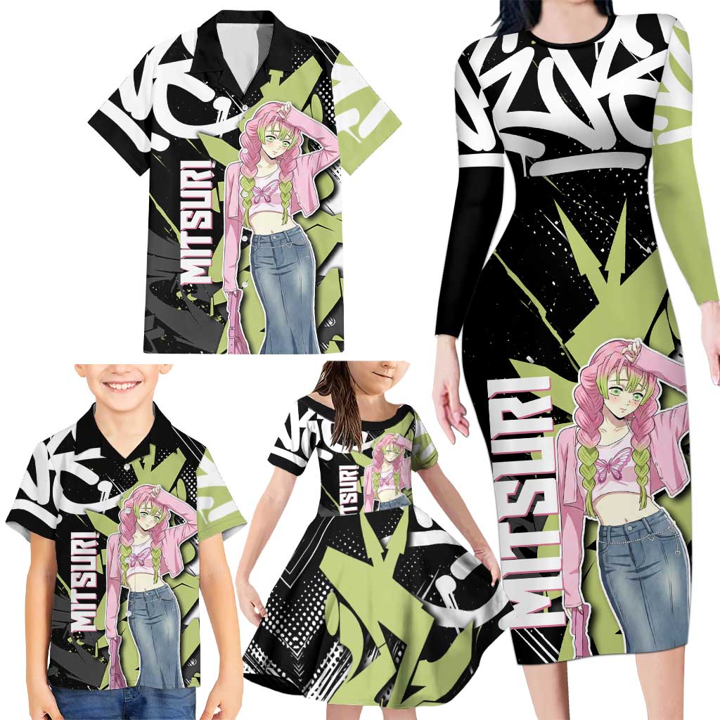 Mitsuri Kanroji Demon Slayer Family Matching Long Sleeve Bodycon Dress and Hawaiian Shirt Green & Black Graffiti Anime