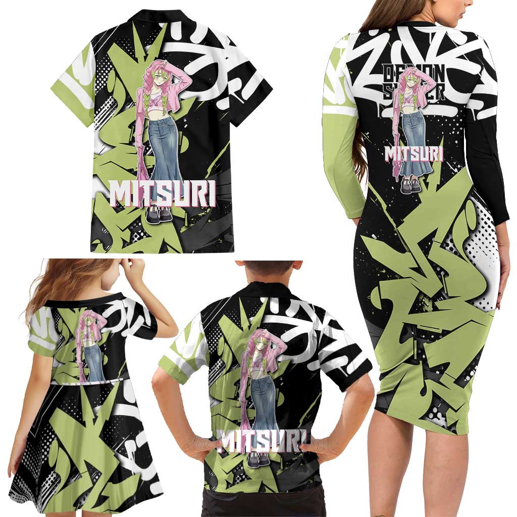 Mitsuri Kanroji Demon Slayer Family Matching Long Sleeve Bodycon Dress and Hawaiian Shirt Green & Black Graffiti Anime